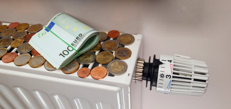 The concept of high heating and electricity costs and the impending energy crisis. On a heating radiator with a thermostat, a pack of 100 euro banknotes and a lot of coins of different denominationsの写真素材