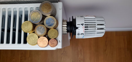 Euro coins lie on a heating battery with a thermostat. The energy crisis, the high cost of heating and the need to saveの写真素材