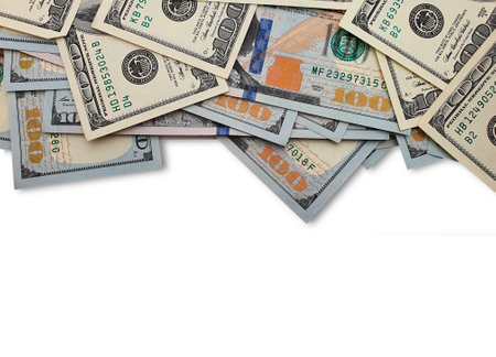 Banknotes denominated 100 US dollars from above, like a cloud. Place for your text. Cash American...