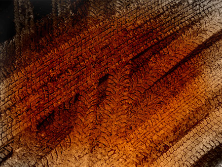 Gold and black vector grunge background with texture of tire tracks on snow. UHD 4K wallpaper. For screen, desktop, website design, overlay, stencil, background, stylization, design and polygraphの写真素材
