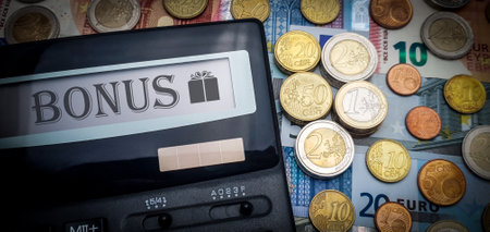 Close-up calculator with the word "bonus" on the screen. Against the background of banknotes and euro coins. Bonuses and compensation to motivate employeesの写真素材