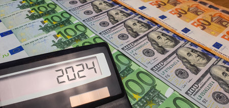 The prospect of a financial and energy crisis in the world in 2024. Rising prices for energy, food and goods. Calculator on the background of a large number of Euro and American dollars billsの写真素材