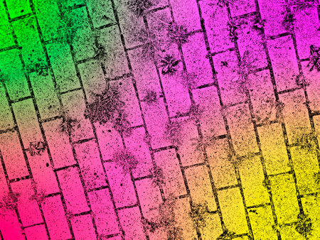 Green yellow pink background with the image of paving slabs and grass. Gradient colorful abstract grainy texture. Beautiful background with space for text for the designer. Wide panoramic bannerの写真素材