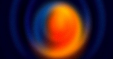 Epicenter. Mysterious orange blue yellow neon grainy background for website banner. Desktop design. A large, wide template, pattern. Color gradient, ombre, blur. Colorful, rainbow, mix, bright, funの写真素材