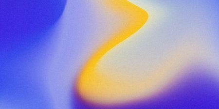 Blue azure yellow purple lilac wavy wide background. Blurred pattern with noise effect. Grainy...