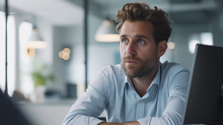 Young businessman in close-up, holding a meeting, solving complex problems with a sharp attention to detail. 32k UHD, progressive academy style. Dreamy, romantic atmosphere for research and analysisの素材