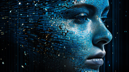 Futuristic AI creation: A stunning artificial female face emerges in a blue pixel sky, blending liquid metal aesthetics. Pixel-perfect, pointillist precision, and mosaic realism uniteの素材