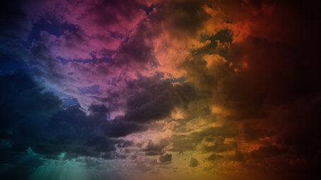 Rainbow sky with clouds and sun rays. 3d render illustration