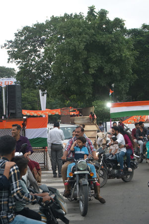 Rajkot, Gujarat-India-08-13-2023: People gather on bike to participate in Har Ghar Tiranga Yatra
