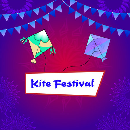 Skyward Celebration: Kite Festival Vector in Radiant Hues, Immerse in the spirit of a kite festival with a vibrant vector with colorful kites against a radiant mix of purples.のイラスト素材
