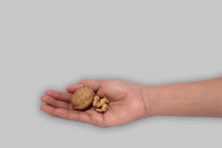 Nature's Bounty: Hand Holding Whole and Cracked Walnuts, An image showcasing a hand holding a whole...