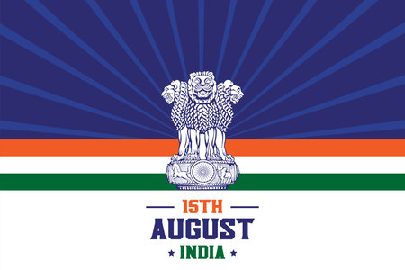 Commemorate India's Independence with this vibrant vector featuring iconic symbols like Ashoka Chakra and Lion Capital set against tricolors that evoke national pride.のイラスト素材