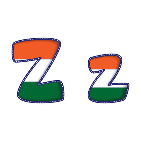 Z An alphabet in capital and small letters reading 'INDIA' for Independence Day and Memorial Day, featuring the national flag's saffron, white, and green stripes on a white background in a 3D paper cutout vector illustration.のイラスト素材