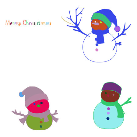 Snowman is wearing a blue hat. There is a blue snowman in the middle of the image. There are blue antlers on the snowman's head. The antlers have holes in them.のイラスト素材