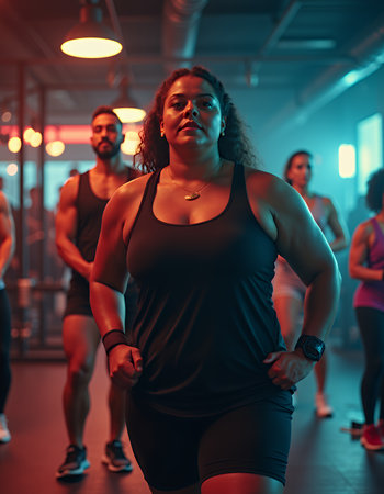 Confident woman leading a workout class in a gym with focused energy and motivating atmosphere.の素材