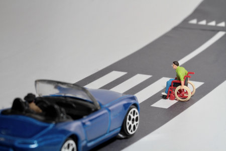 the mini figure of a man in wheelchair on the road with carの写真素材