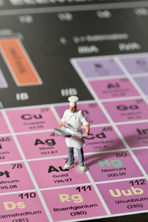 Miniature people : Chef and cook on a periodic table of chemical elements background.の写真素材