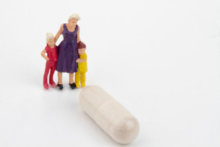 Miniature people : Mother and sons with pill on white backgroundの写真素材