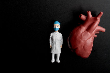 Doctor and heart model on black background. Healthcare and medical concept.