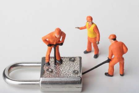Miniature people construction workers with a padlock on white background.の写真素材