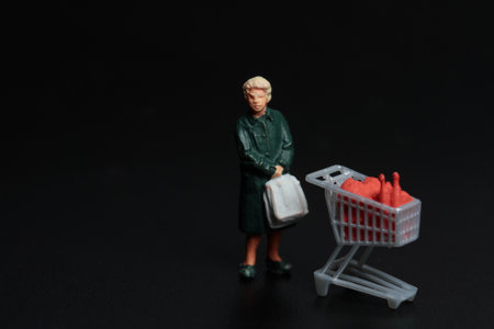 Miniature people : elderly woman with shopping cart on black background.