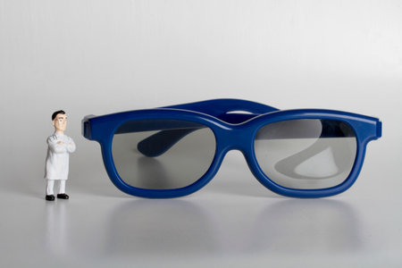 miniature people with blue eyeglasses on a white background.の写真素材