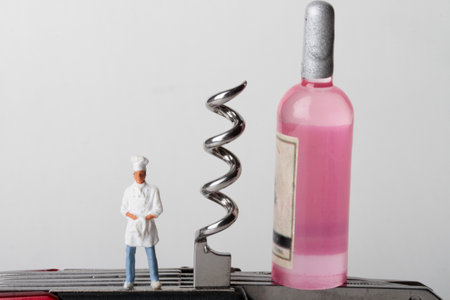 miniature chef with corkscrew and bottle of pink wine