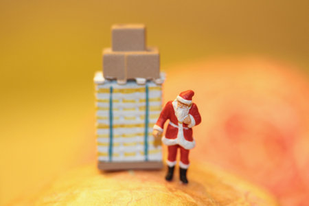 Miniature people : Santa Claus with gift boxes on yellow background.の写真素材