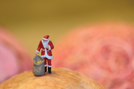 Miniature people : Santa Claus with a bag of gold coins.の写真素材