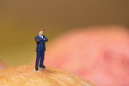 Miniature people: Businessman standing on the top of an apple.の写真素材