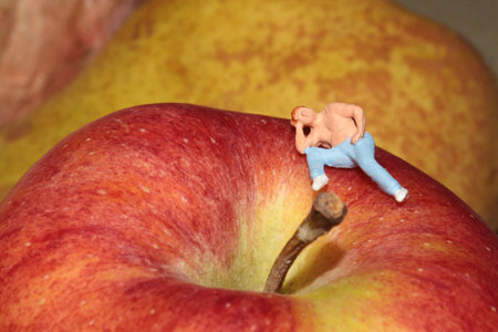 Miniature man sitting on a big red apple with pears in the backgroundの写真素材