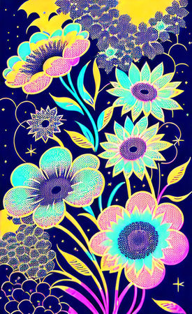 Illustration of floral pattern with sunflowers on a dark backgroundの素材