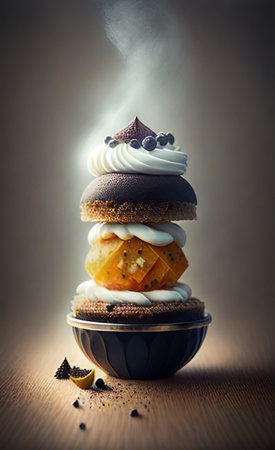 Delicious cupcake with cream and chocolate on a dark background.の素材