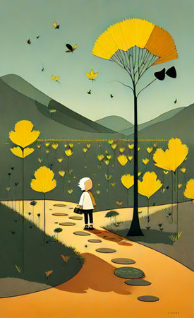 Painting of a girl walking on the road in the park.の素材