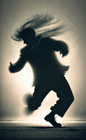 Silhouette of a dancing man in motion with flying hair.の素材