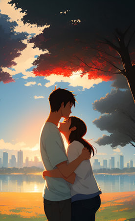 Couple in love kissing on the background of the city at sunsetの素材