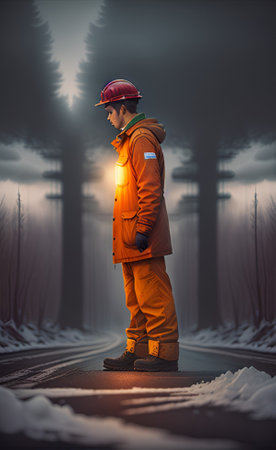 Worker standing on the road in the middle of a winter forestの素材