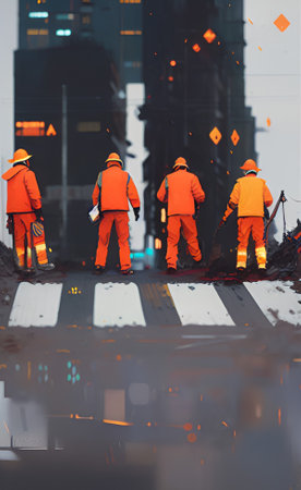 Workers are cutting the road in the city. Toned image.の素材