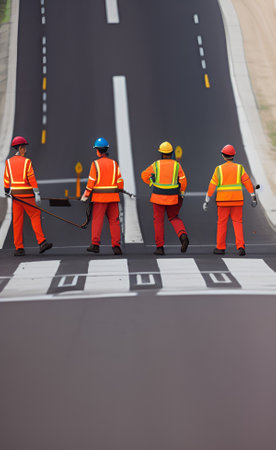 Rear view of a team of workers cleaning the road at a construction siteの素材