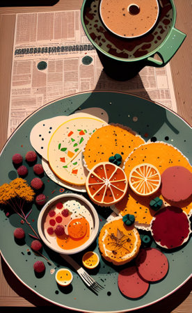 Breakfast with coffee, cakes and fruits. Toned image.の素材