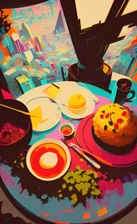 Illustration of a table in a cafe with food and drinks.の素材