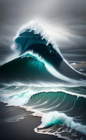 Surfing ocean wave on stormy sky background. 3d renderの素材