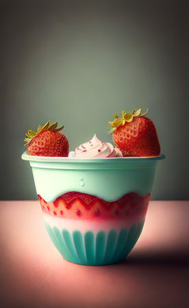Strawberry ice cream in a cup on a blue background.の素材