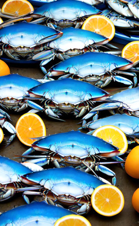 Blue crab with orange and lemon for sale in the market,の素材