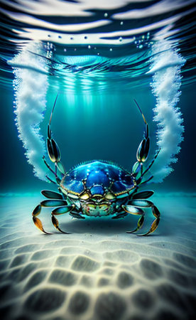 Underwater scene with big blue crab. 3d render. Underwaterworld.の素材
