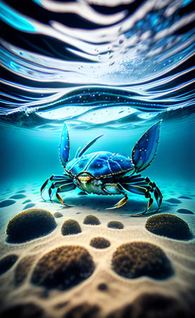 3d rendering of a blue crab in the sea under the waterの素材