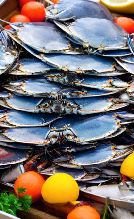 Fresh blue crabs on display at a seafood market, close-upの素材