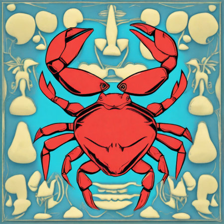 Illustration of a red crab on a blue background with a patternの素材