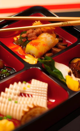 japanese style lunch box with vegetables and chopsticks close upの素材