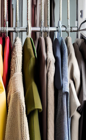 Clothes on hangers in a modern dressing room or wardrobe.の素材